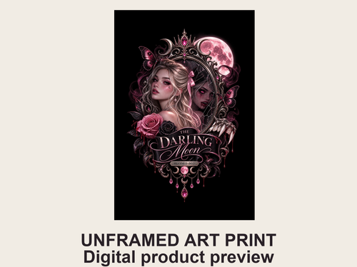 The Darling Moon unframed art print: a pink moon and rose-filled gothic portrait on black. Digital product preview.