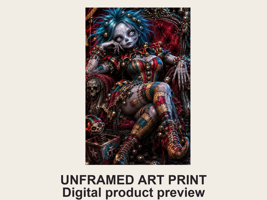 Borderless patchwork jester artwork shown as an unframed portrait paper print in a flat digital product layout. No physical photograph is implied.