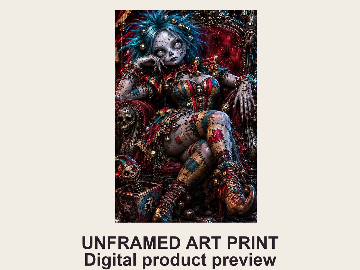 Borderless patchwork jester artwork shown as an unframed portrait paper print in a flat digital product layout. No physical photograph is implied.