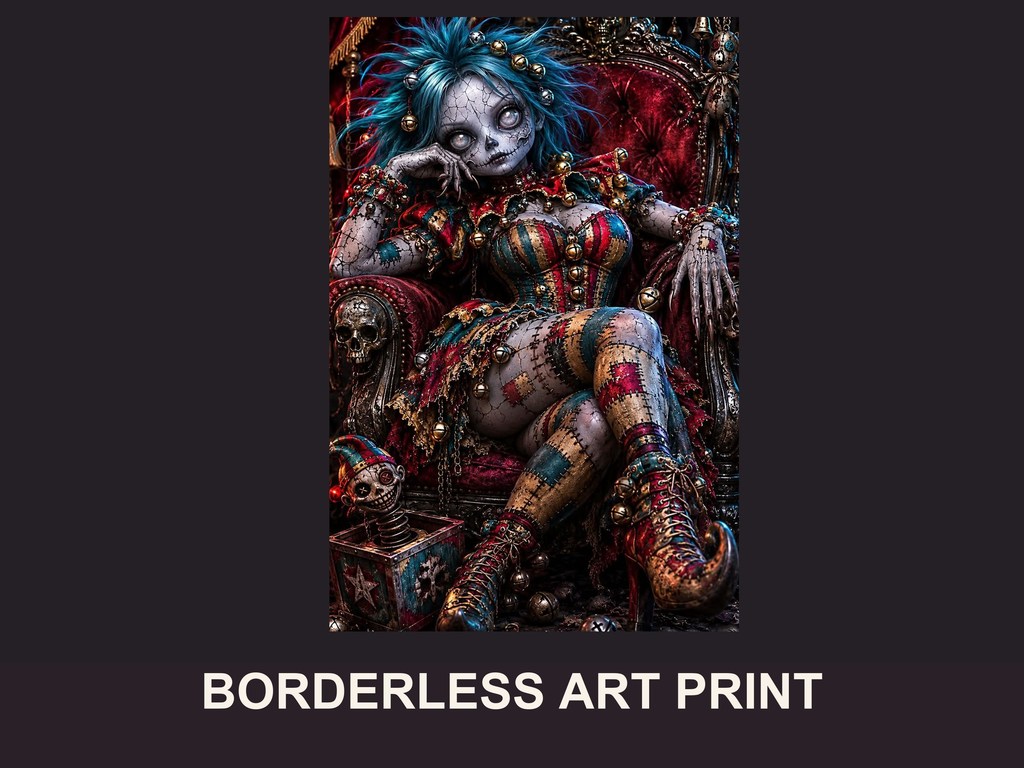 Borderless artwork preview, with the blue-haired jester, skull throne and jack-in-the-box visible.