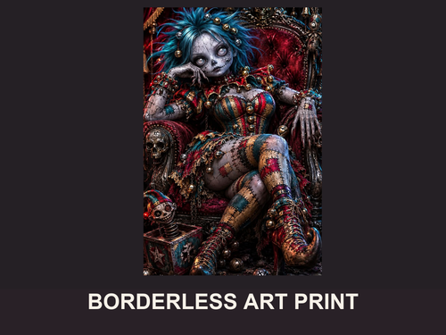 Borderless artwork preview, with the blue-haired jester, skull throne and jack-in-the-box visible.