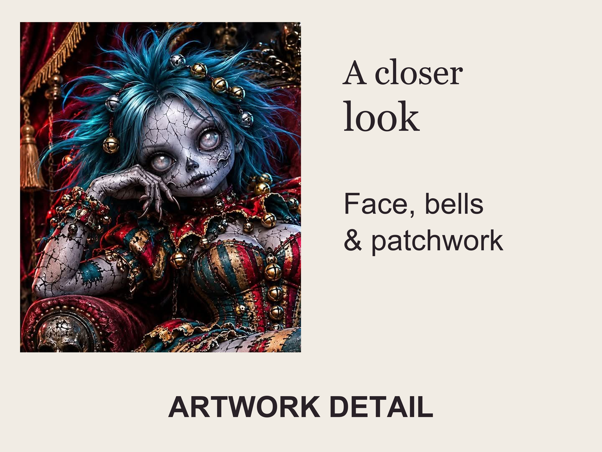 Source-derived close-up of the jester face, hair, bells and patchwork costume.