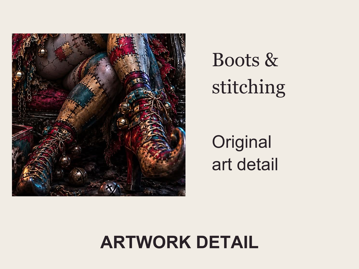 Labelled close-up of the original jester boots and patchwork stitching.