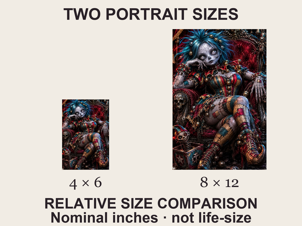 Borderless portrait prints shown at a shared relative scale: nominal 4 by 6 and 8 by 12 inches.