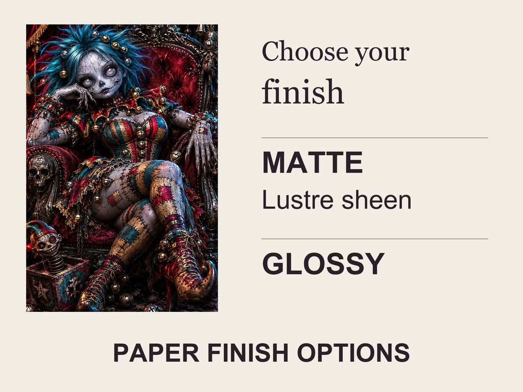 Matte with a lustre sheen, or glossy paper finish, beside the unchanged artwork.