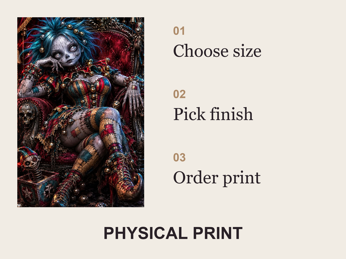 Three steps: choose size, pick finish, and order the physical print.